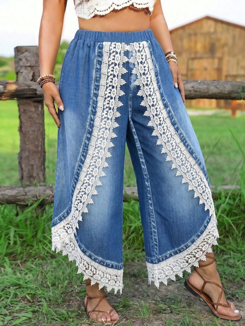 Blue Boho Women's Plus Size Casual Floral Trim Palazzo Pants - Picture 4 of 6
